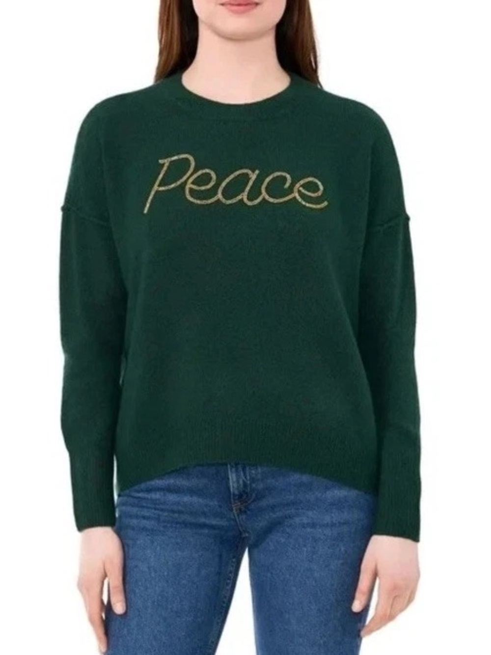 Vince Camuto Women's Dark Green 'Peace' Crewneck Sweater M Christmas Holiday
